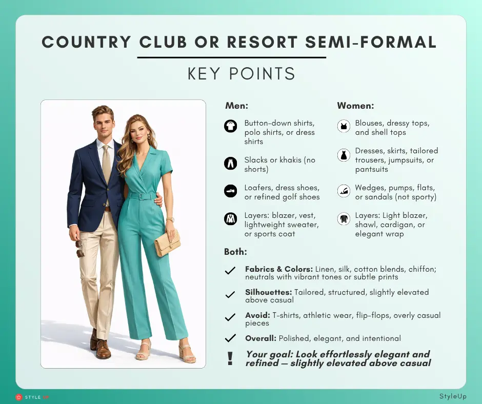 All Dress Codes Explained by StyleUp Country Club Semi-Formal or Resort Semi-Formal Attire for Women and Men Key Points